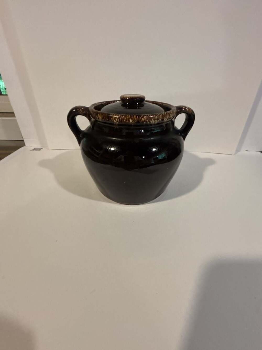 Vintage USA Brown Drip Glaze Stoneware Bean Pot with Lid
